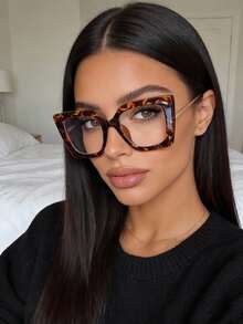 1 paire de lunettes carrées à la mode transparentes, lunettes élégantes vintage décorées de perles, convenant pour la photographie de rue, la lecture, l'écriture, les trajets, les vacances, les voyages, la plage et d'autres occasions - Imprimé léopard - Voir 2