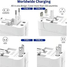 phenomdom 通用旅行适配器，1 个 USB 端口 + 1 个 Type-C 端口，墙插式电源适配器，美规/欧规/英规/澳规转换适配器，USB 充电器，旅行适配器，适用于旅行、家庭和办公用途 - 白色 - 查看 4