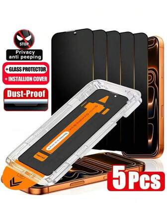 5 piezas de protector de pantalla de vidrio templado con privacidad para iPhone 17 Pro Max/17/16 Pro Max/Air/16/15 Pro Max/15 Pro/15 Plus/14/13/12/11/X/XR/XS Max, dureza 9H+, antihuellas, anti-espía, protección de privacidad, superficie suave, diseño de cobertura completa