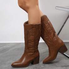 Women Western Cowboy Boots Mid Calf Embroidered Pointed Toe Chunky Heel Pull On Riding Boots For Fall Winter Casual Street Wear - Cà phê nâu - Xem 3
