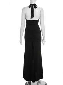 女士优雅复古修身长裙，无袖露背吊带衫，针织面料，高弹力，适合派对穿着，黑色夏季款 - 黑色 - 查看 7