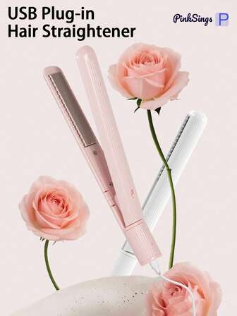 PinkSings 插入式二合一直发器和卷发器，USB 连接供电迷你造型器，适合旅行造型工具，防烫伤，便携旅行，防毛躁，更亮泽更顺滑，0.65 英寸直发器，卷发器