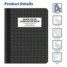 Better Office Products - Cuaderno de composición de cuatro rayas paquete de 4 papel rayado gráfico de tapa dura 4 x 4 80 hs 24.64 x 19.05 cm cubierta negra paquete de 4 - como en la foto - Ver 2