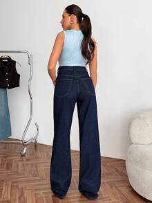 High Waist Plain Casual Comfortable Denim Pocket Zipper Button Jeans - Army Green - View 5