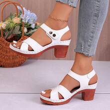 Sandalias de verano de punta abierta, plataforma de madera vintage, tacón grueso y macizo, diseño con hebilla de correa - Blanco - Ver 15