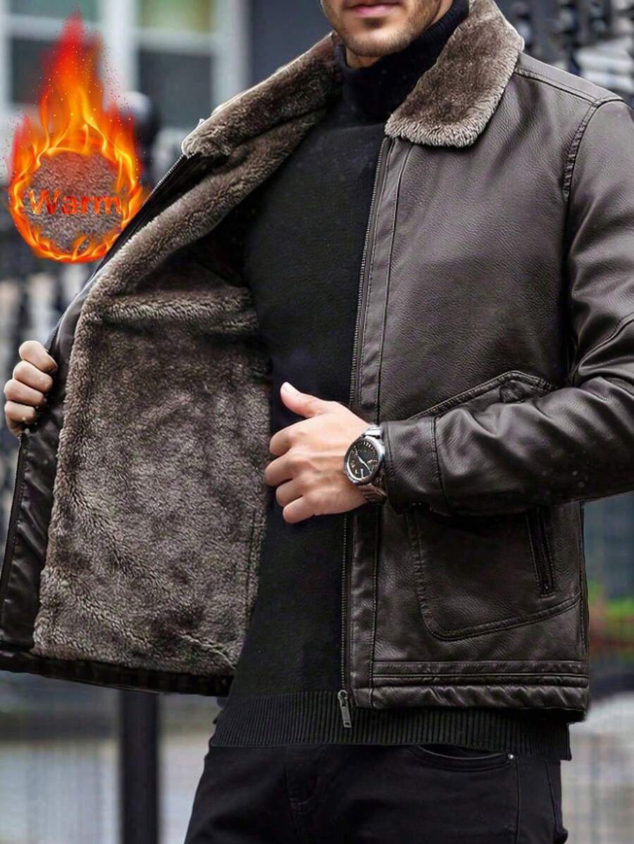 Men's Jacket, Warm Thermal Lined Faux Leather Jacket, Casual Lapel PU Leather Coat For Autumn/Winter - Coffee Brown - View 1
