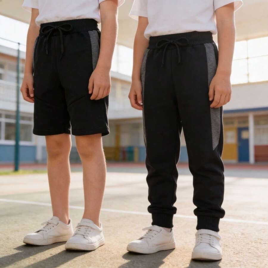 Kit com Calça e Bermuda Moletom Moletinho Infantil Uniforme Escola Cadarço e Elástico Dia a Dia - Preto - Visão 1