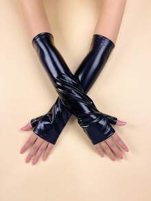 1 Pair Solid Color Reflective Patent Leather Fingerless Gloves, Suitable For Street Dance, Stage Performance, All Seasons - A - View 6