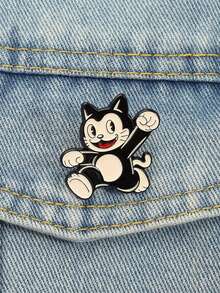 QIHOO 1pc Retro Nostalgic Style Black And White Cartoon Cat Enamel Brooch, Lively And Cute Animal Brooch To Give To Cartoon Enthusiasts' Friends - Multicolor - View 1