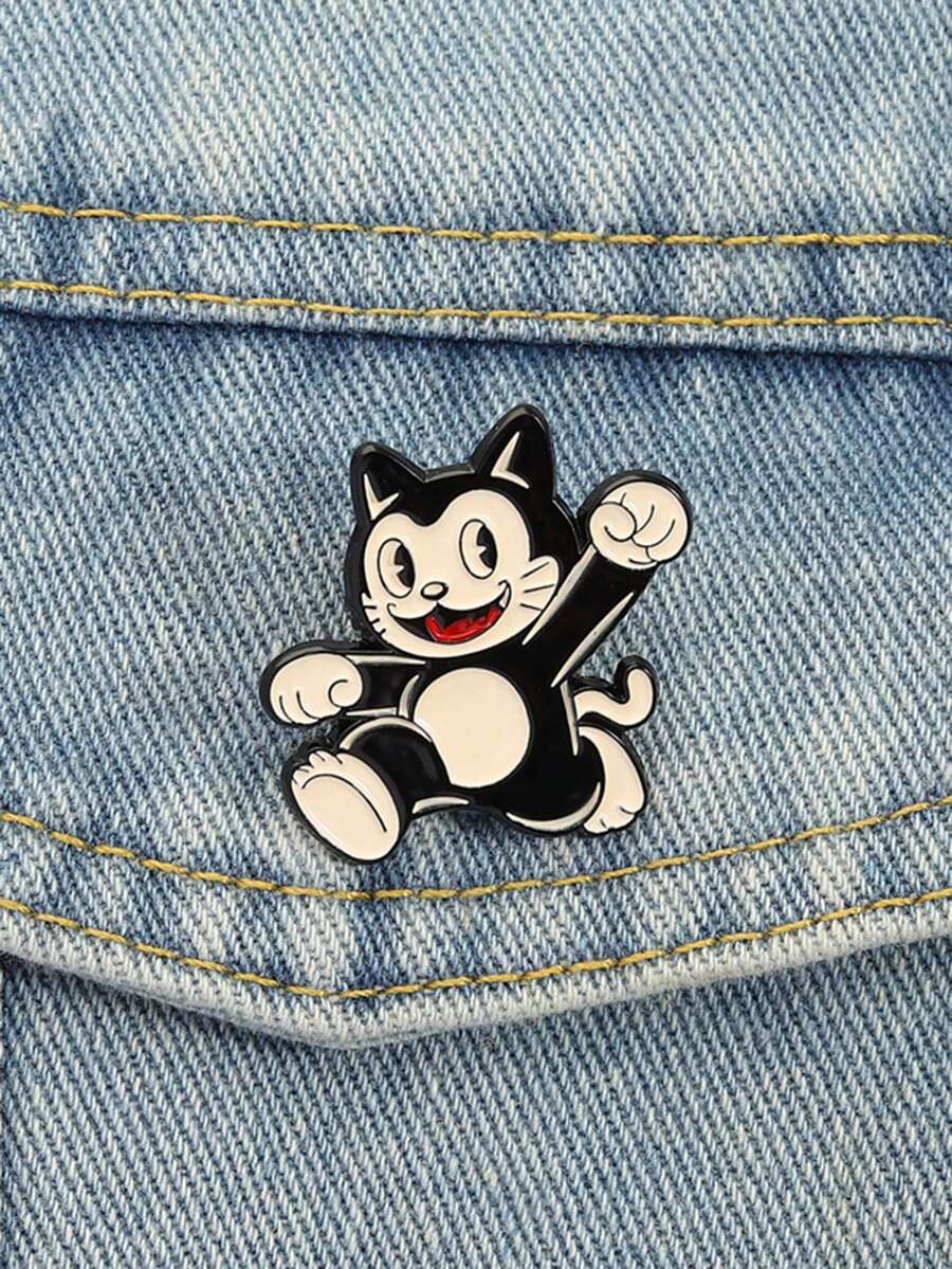 QIHOO 1pc Retro Nostalgic Style Black And White Cartoon Cat Enamel Brooch, Lively And Cute Animal Brooch To Give To Cartoon Enthusiasts' Friends - Multicolor - View 1
