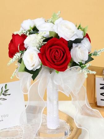 Flanellrosbukett för brudtärnor, pärlvit tyllbanddekoration, för bröllop, alla hjärtans dag, examen, kransbukett som present