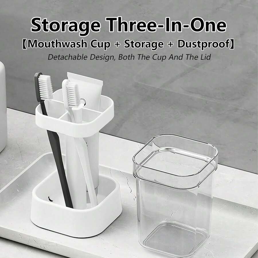 Toothbrush Holder With Cup/Cover, 3 Slots Toothpaste Holder Stand For Bathroom Countertop Plastic Storage Organizer For Toothbrushes, Electric... - 白色 - 查看 1