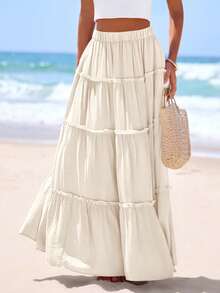 Women's Tiered Maxi Skirt Summer Spring Fashion  High Waisted Long Flowy Casual Boho Beach Vacation Clothes - 米色 - 查看 6