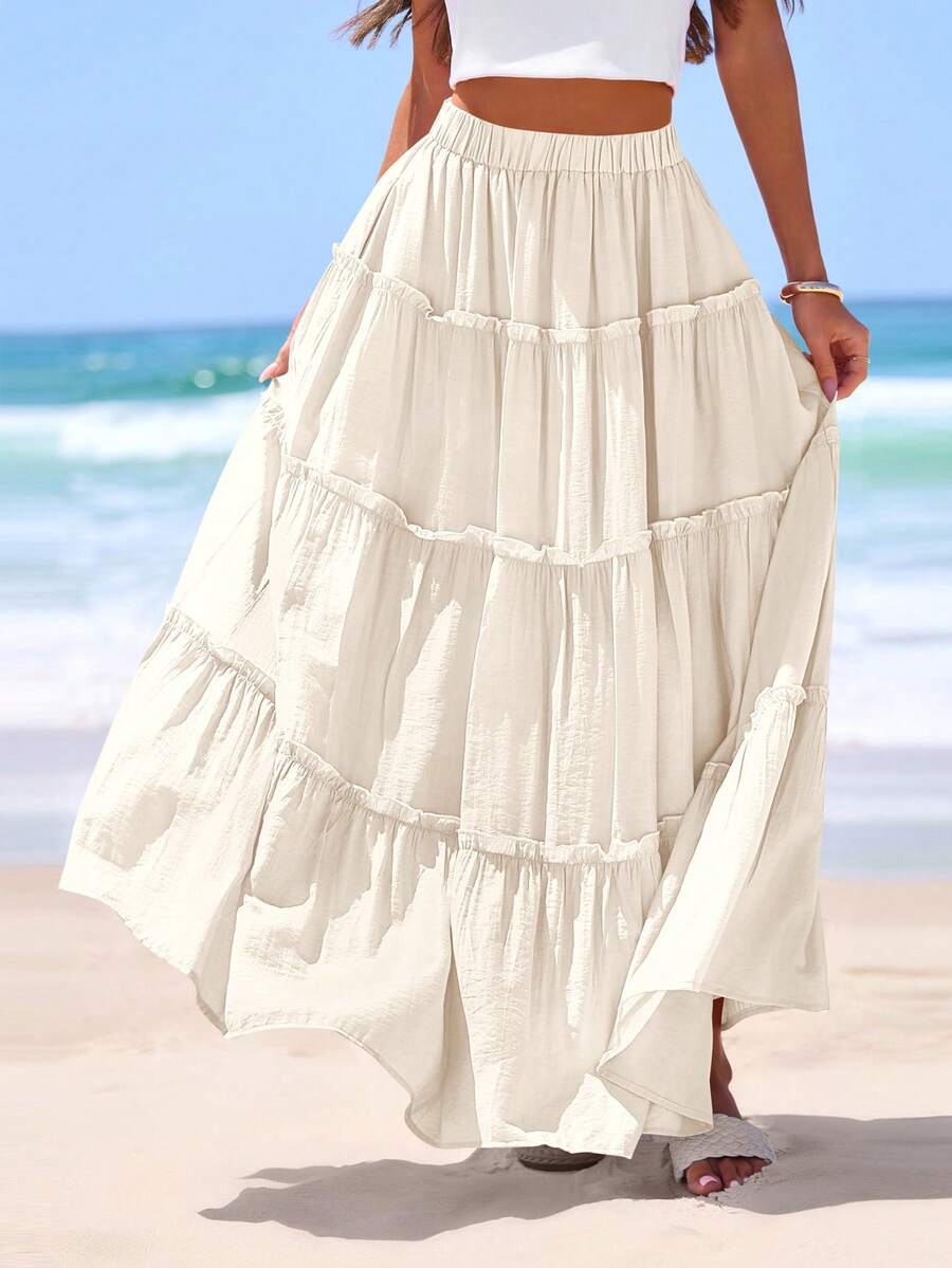 Women's Tiered Maxi Skirt Summer Spring Fashion  High Waisted Long Flowy Casual Boho Beach Vacation Clothes - 米色 - 查看 1