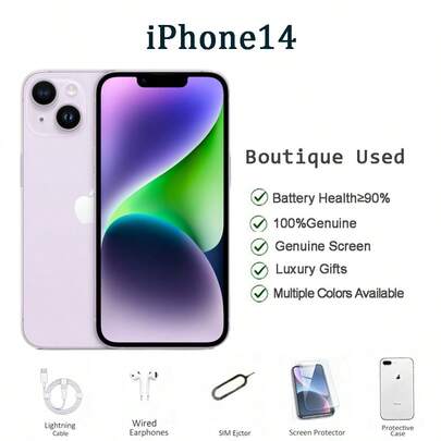 Apple 苹果 iPhone 14，95% 新，多种颜色可选，包含充电线、耳机、手机壳、屏幕保护膜和 SIM 卡针。