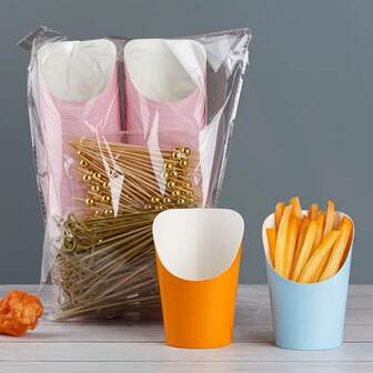 250件/50件 - 熟食杯（含烤肉串）、14盎司纸质小吃杯（含鸡尾酒签）、炸薯条架（棕色牛皮纸）、一次性爆米花盒（蛋筒）、派对板礼品（50杯+200支）