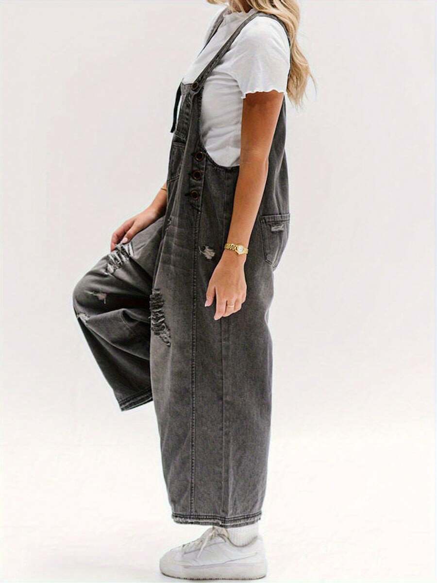 Women's Ripped Denim Overalls, Light Wash Wide Leg Vintage Overalls - màu đen - Xem 1
