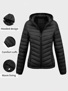 Women's Minimalist Hooded Down Jacket With Pockets, Suitable For Spring, Autumn And Winter - Black - View 8