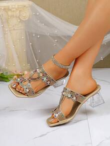 新款水晶装饰派对沙滩坡跟凉鞋，时尚百搭水钻露趾粗跟波西米亚风拖鞋 - 金色 - 查看 2