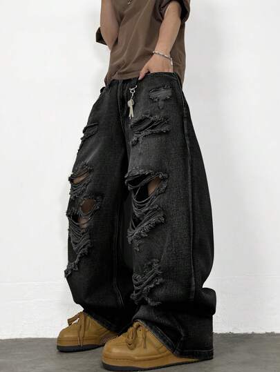 1pc Justice Brother Vintage Distressed Ripped Frayed Hem Loose Fit Straight Leg Jeans, Casual Streetwear Hiphop Style
