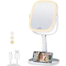 XXZU Espejo con luz para Maquillaje,Espejo de Doble Cara Recargable de 3000 mAh,Espejos de tocador con Soporte para Celular,Aumento de 1X/10X,Giratorio de 360°,3 ajustes de Color, Brillo Ajustable - / - Ver 1