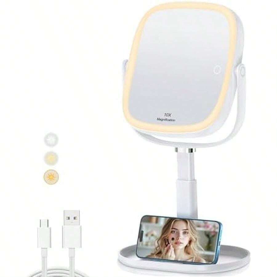 XXZU Espejo con luz para Maquillaje,Espejo de Doble Cara Recargable de 3000 mAh,Espejos de tocador con Soporte para Celular,Aumento de 1X/10X,Giratorio de 360°,3 ajustes de Color, Brillo Ajustable - / - Ver 1