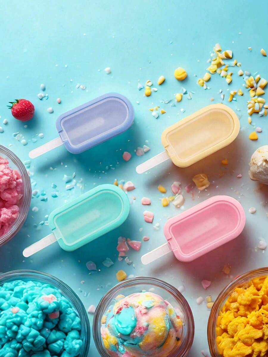 1pc Homemade Ice Cream Silicone Popsicle Mold, Green, Pink, Yellow, Blue, Mini Long With Lid Ice Cream Mold, Ice Cream Mold, Homemade Ice Lolly Ice Tray