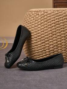 Women's Black Woven Texture Square Toe Ballet Shoes With Bow Accent, Casual Versatile Comfortable Commuting Shoes