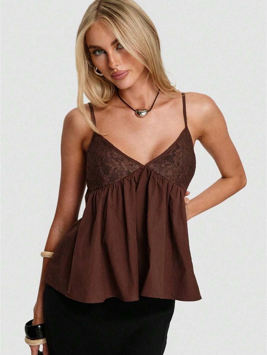Women's Ruffle Trim Camisole Sleeveless Adjustable Spaghetti Strap V Neck Lace Patchwork Going Out Party Tank Top - nâu sẫm - Xem 1