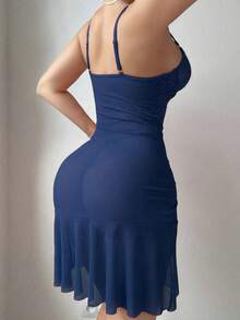 Sexy Lingerie, Sexy Waist See-Through Suspender Skirt Pure Desire Steel Ring Irregular Slim Hip Nightdress Underwear, Sexy Lingerie Lace See-Through Temptation Mesh Dress Thong Two Pieces Set - Navy Blue - View 5