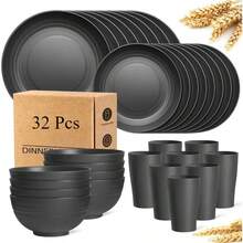 32/16pcs Wheat Straw Dinnerware Sets, Plates And Bowls Sets For 8, Black Plastic Dinnerware Sets, Microwave Dishwasher Plates, Dishes Set For 8 For Valentine'S Day, Durable Party Tableware Kit For Gifts  Brand: AYD - 黑色 - 查看 12