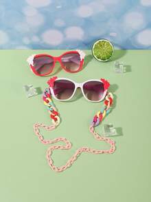 2pcs Girls' 3-8Y Polycarbonat Cat Eye Frames Y2K Flower Embellishment Fashion Glasses And 1pc Glasses Chain, Outdoor Travel Holiday Party - Multicolor - View 5