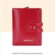 Baellerry 女士短款油蜡皮手拿包钱包带扣拉链开合多卡位零钱包女士钱包钱包小钱包 - 紅色 - 查看 6