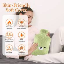 Samply Hot Water Bottle With Cute Fleece Cover, Hot Water Bag For Hot And Cold Compress, Hand Feet Warmer, Neck And Shoulder Pain Relief - 綠色 - 查看 2