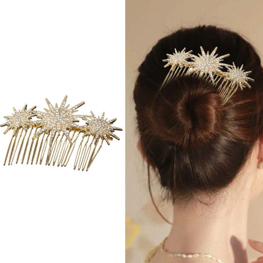 Large And Small Diamond-Studded Starry Sky Vintage Hair Comb Alloy Women's Butterfly Hair Accessory Hair Comb European And American Cross-Border Manufacturer - 銀色 - 查看 1