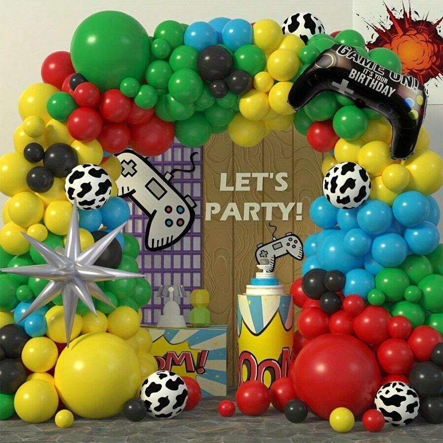 117 piezas Conjunto de globos con temática de videojuegos y dibujos animados, con controlador de juego de estrella de explosión de papel de aluminio, adecuado para fiestas de cumpleaños, noches de juegos, fiestas con tema de victoria, decoración de fiestas de videojuegos, decoración de bienvenida de bebés, sin necesidad de fuente de alimentación - Multicolor - Ver 1