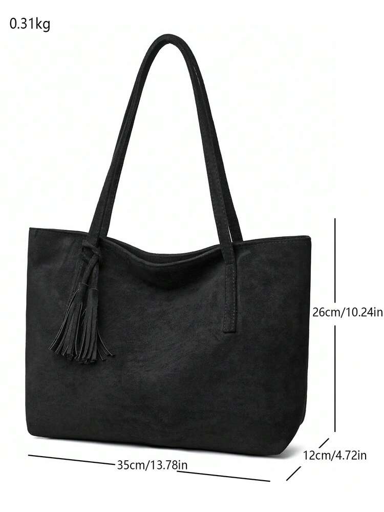 Túi xách đeo vai cỡ lớn bằng da lộn tua rua thời trang, phù hợp cho mua sắm, hẹn hò, dự tiệc và đi làm. - màu đen - Xem 2