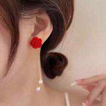 1 Pair White Flower Decoration Fake Pearl Tassel Dangle Earrings For Wedding Bohemian Halloween Valentine's Day - 紅色的 - 查看 6