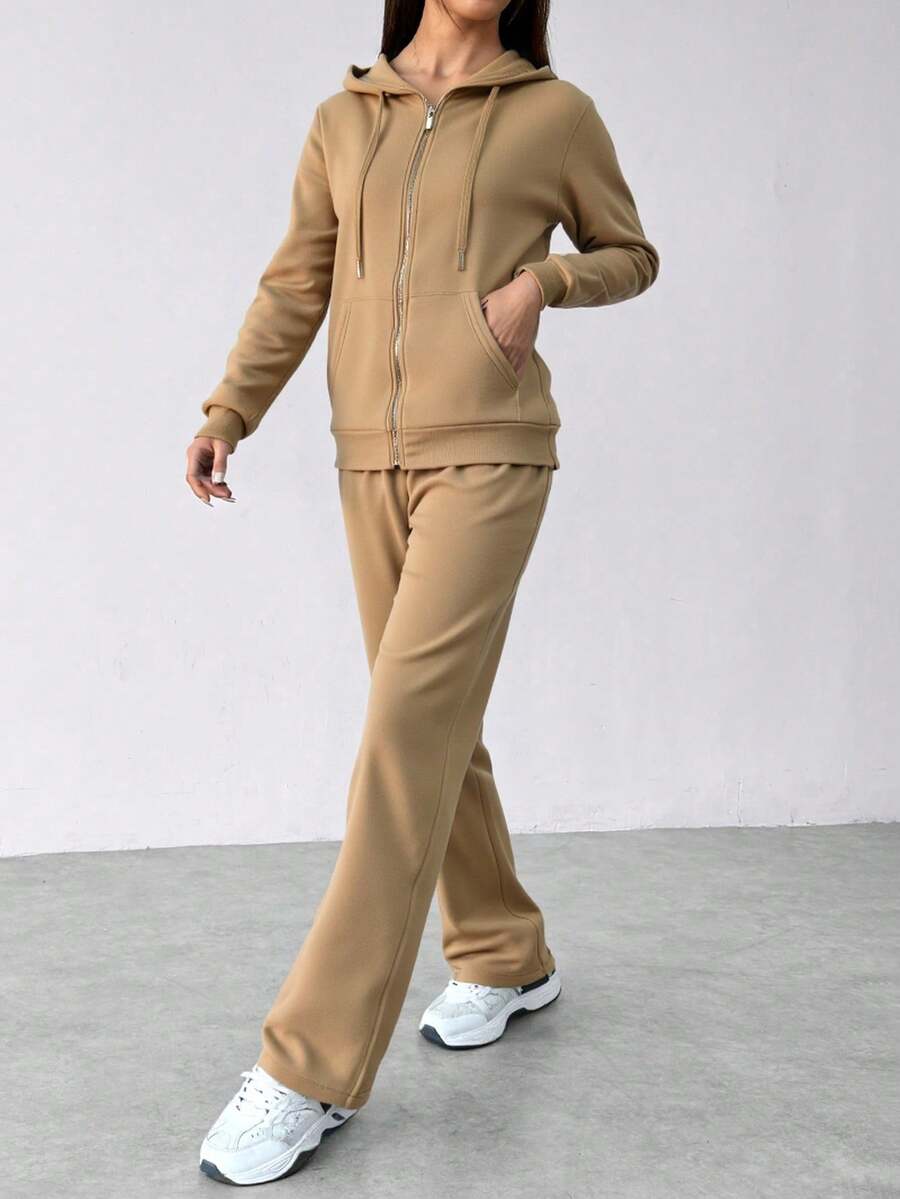 Conjunto de sudadera con capucha y cremallera para mujer -pantalones de pierna ancha, estilo casual y moderno, ideal para múltiples ocasiones. Tela suave y transpirable, diseño con detalles en negro y oro, - Caqui - Ver 1