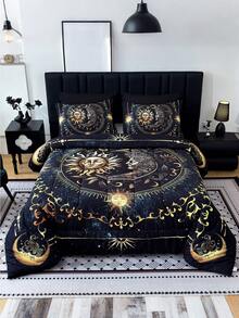 3PCS Golden Sun And Moon Planet Intensification Quilt Set(1 Comforter+2 Pillowcases Without Pillow Core), Contains Padding 180gsm Quilting Soft Ventilate Digital Printing Bedroom Dormitory Room Decor King Size Quilt Cover Set - Nhiều màu - Xem 14