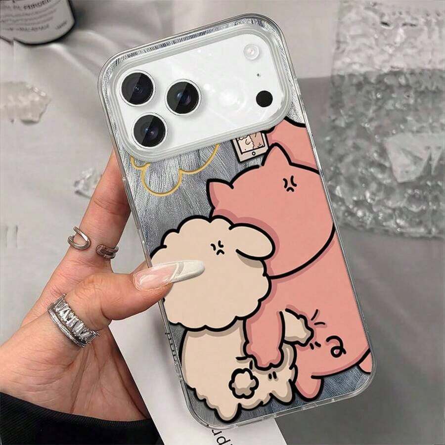 Funda de Teléfono con Diseño Divertido y Cartoon, Patrón Oveja Cerdito Selfie, Agujero Grande para Plumas e Hilo Yarn, Alta Belleza Compatible con Apple 17 16 15 14 13 12 11 Plus - Cubierta Protectora, Protección de Teléfonos Móviles,Funda Protectora para Teléfono,Funda de Teléfono con Dibujos Animados,Estética de Dibujos Animados Peculiar,Funda con Estampado de Animales Lindos,Transferencia de Calor Impresa,Regalo para Amantes de los Dibujos Animados - Plateado - Ver 1