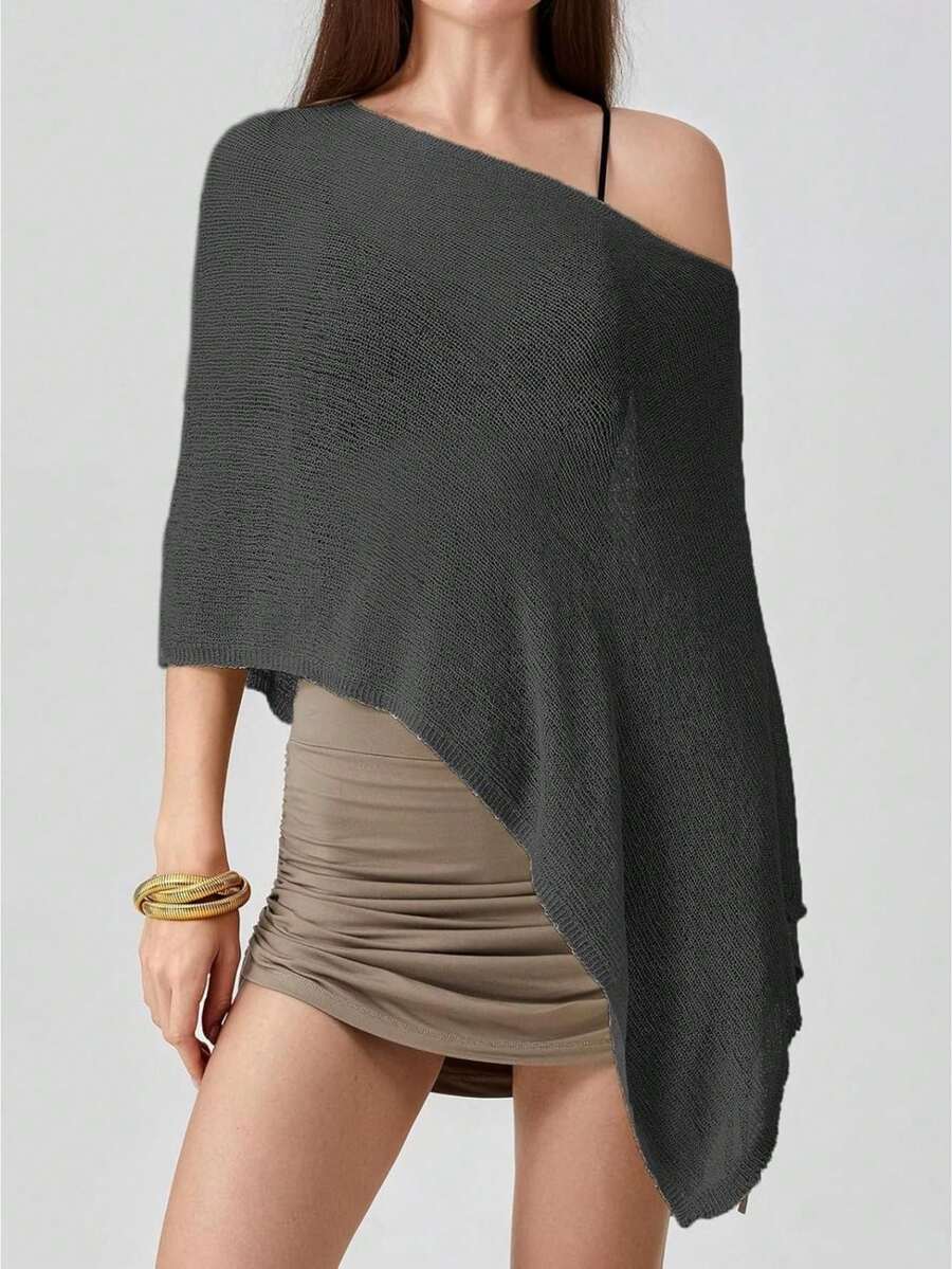 Women Sheer Knit Crochet Poncho Top Mesh Off Shoulder Shrug Summer Asymmetrical Shawl See Through Bolero Cover Up Tops - Black - View 1