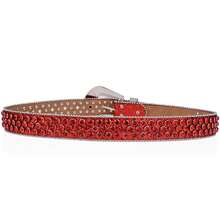 Women's Faux Rhinestone Studded Red Belt Men's Fashion Western Cowboy Punk Rhinestone Leather Belt - Red - View 7