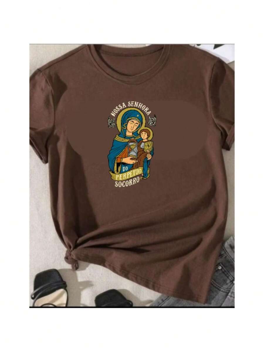 Basic Printed Cotton T-Shirt, Catholic, Our Lady Of Perpetual Help, Religious, Unisex - Rust Brown - View 1