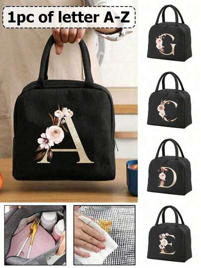 1 Pc Of Letter Printed Pattern Insulated Bag, Insulated Lunch Bag, Handbag, Lunch Box, Ice Bag, Picnic Food Handbag, Canvas Lightweight Portable Lunch Storage Bag, School Office Picnic Lunch Handbag,Novel Design And Large Capacity Portable Leisure Lunch Insulated Bag, Carry It With You To School And Work, Birthday Gift, Commemorative Gift