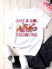 Camiseta de Algodón con Estampado de Corazón: "Solo Una Chica Que Ama al Oso de San Valentín y Cupcakes", Regalo para el Día de San Valentín - Blanco - Ver 3