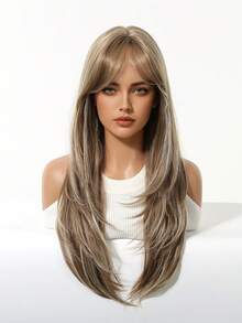 26 Inch Ombre Gold Long Straight Wig With Bangs, Heat Stylable, Suitable For Women's Daily Wear, Party, New Year And Everyday Use
