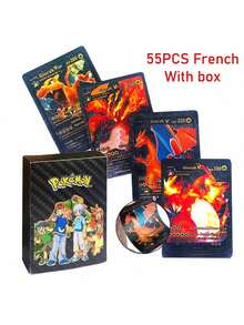 pokemon 55张宝可梦动漫人物卡牌，VSTAR GX EX VMAX 黑/银/金箔宝可梦卡牌，英文/法文/德文/西班牙文动漫游戏卡牌，创意桌面游戏卡组，适合收藏