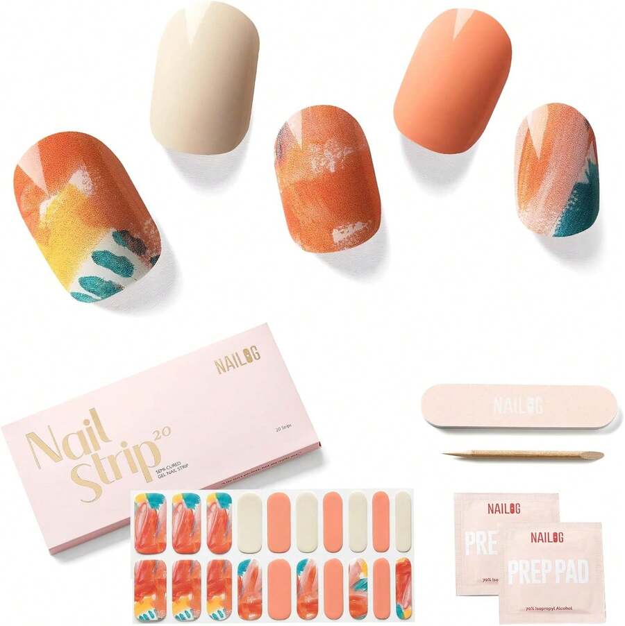 NAILOG Tiras de uñas de gel semicuradas (20 pegatinas de uñas extralargas) | Envoltura de uñas con acabado de gel suave brillante y de larga duración | Obra maestra - Obra maestra - Ver 1
