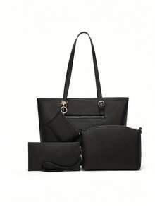 New European And American Style Large Capacity 3 PiecesSolid Color Maternity Bag Set, Crosshatch Tote Bag, Vintage Shoulder Messenger Handbag - Black - View 4